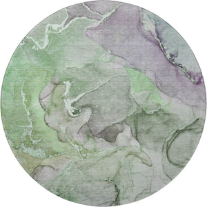 HomeRoots 8' Contemporary Green and Gray Abstract Round Rug - Washable, UV Protected, Stain Resistant Comfort 646491