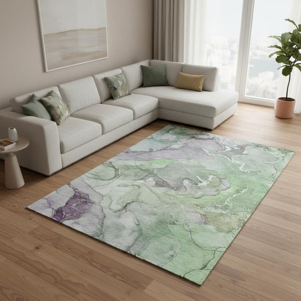 HomeRoots 8' X 10' Green and Gray Abstract Area Rug - Washable, UV-Protected, Stylish for Busy Homes 646492