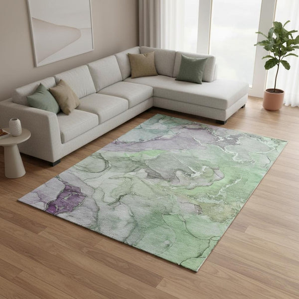 HomeRoots 9' X 12' Modern Green & Gray Abstract Washable Area Rug with UV Protection for High-Traffic Spaces 646493