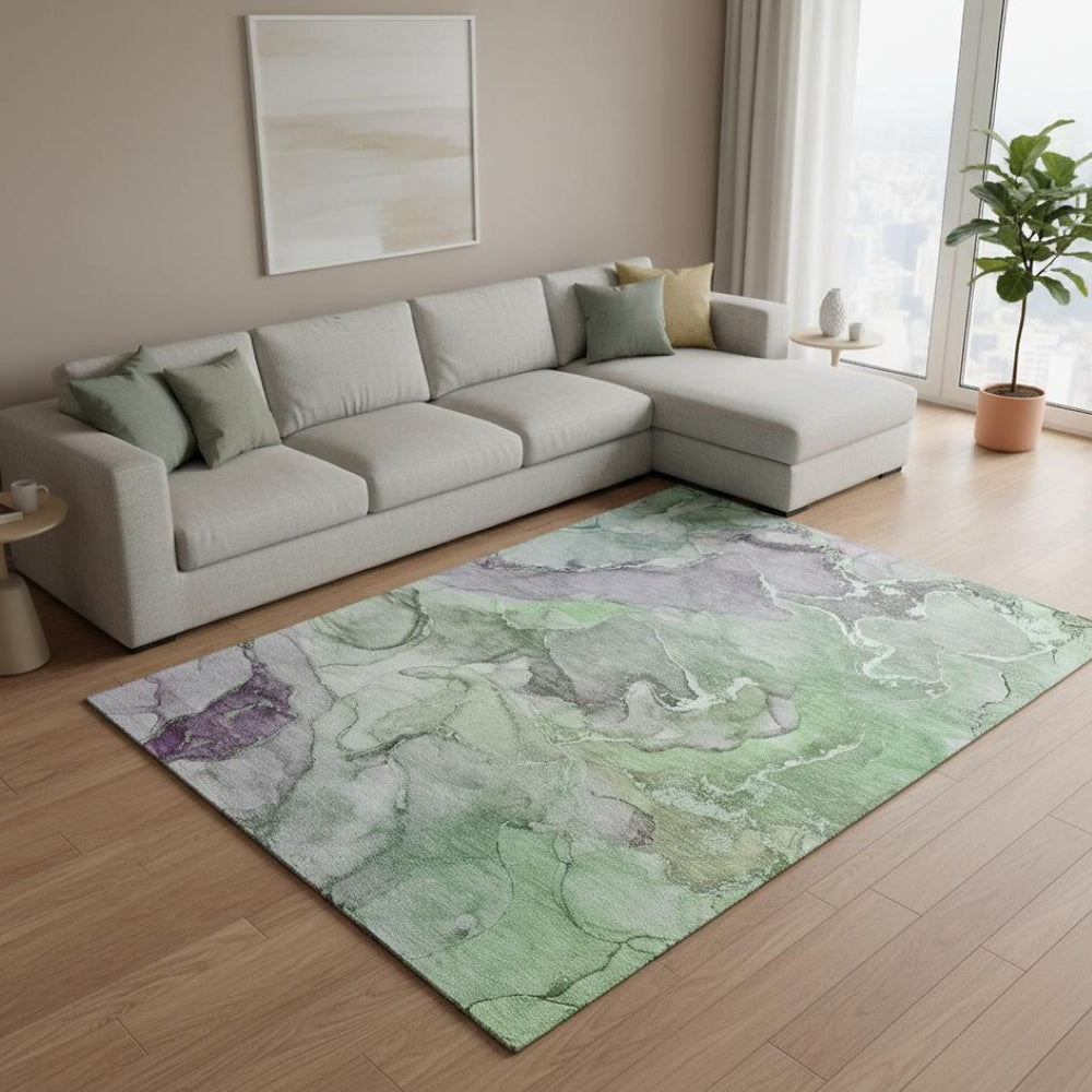 HomeRoots 10' X 14' Green And Gray Abstract Washable Area Rug - Durable, Stylish, UV Protected for Modern Homes 646494