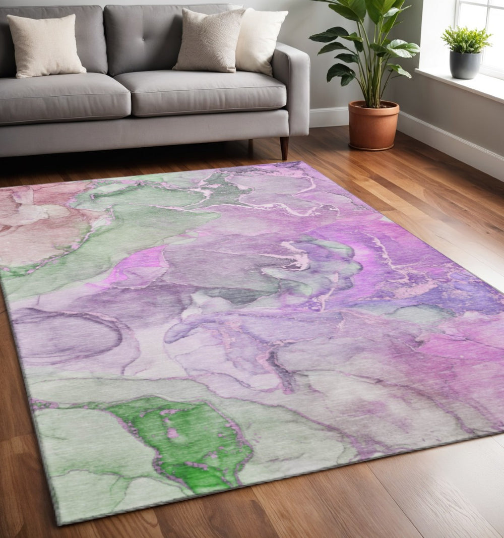 HomeRoots 5' X 8' Abstract Purple and Green Washable Area Rug – Durable, Stylish, and UV Protected for Homes 646496