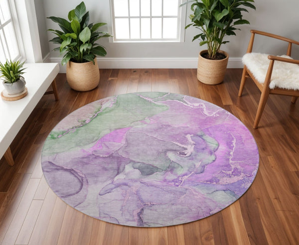 HomeRoots 8' Vibrant Purple & Green Abstract Round Rug - Washable, UV Protected, Perfect for Busy Homes! 646497