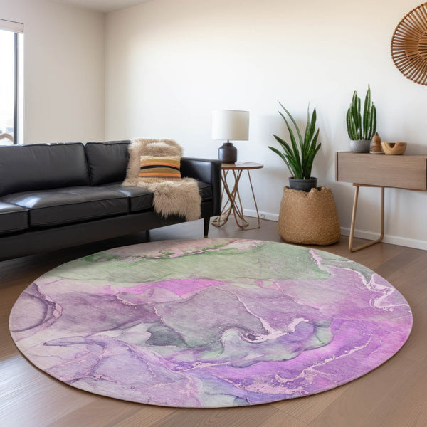 HomeRoots 8' Vibrant Purple & Green Abstract Round Rug - Washable, UV Protected, Perfect for Busy Homes! 646497