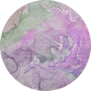 HomeRoots 8' Vibrant Purple & Green Abstract Round Rug - Washable, UV Protected, Perfect for Busy Homes! 646497