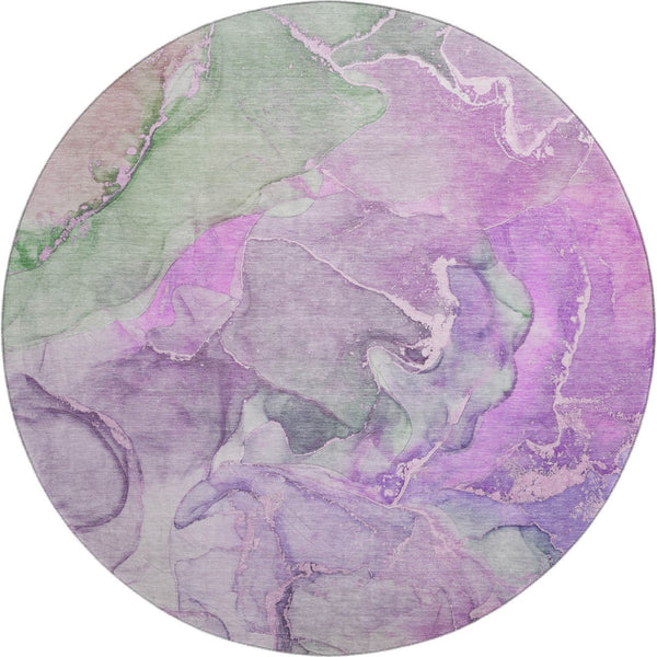 HomeRoots 8' Vibrant Purple & Green Abstract Round Rug - Washable, UV Protected, Perfect for Busy Homes! 646497