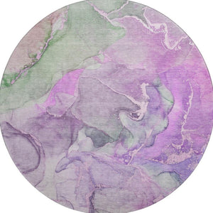 HomeRoots 8' Vibrant Purple & Green Abstract Round Rug - Washable, UV Protected, Perfect for Busy Homes! 646497