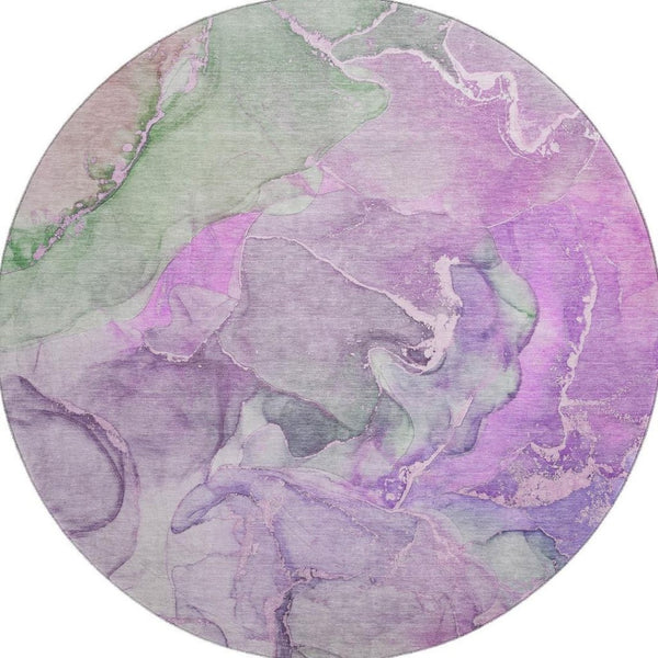 HomeRoots 8' Vibrant Purple & Green Abstract Round Rug - Washable, UV Protected, Perfect for Busy Homes! 646497