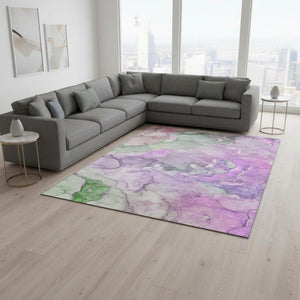 HomeRoots 9' X 12' Purple and Green Abstract Area Rug - Washable, UV Protected, Ideal for High-Traffic Spaces 646499