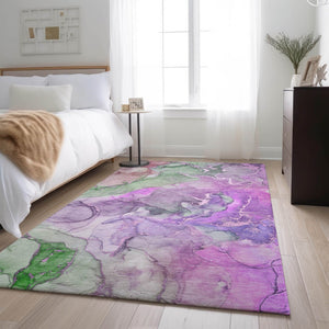 HomeRoots 9' X 12' Purple and Green Abstract Area Rug - Washable, UV Protected, Ideal for High-Traffic Spaces 646499