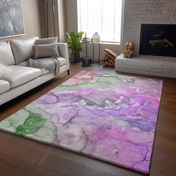HomeRoots 9' X 12' Purple and Green Abstract Area Rug - Washable, UV Protected, Ideal for High-Traffic Spaces 646499