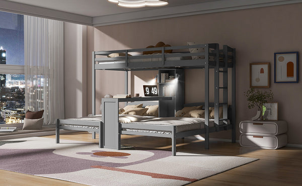 English Elm Twin Triple Bunk Bed with Built in Desk Open Shelving and Led Task Lighting Gray N7090002243E