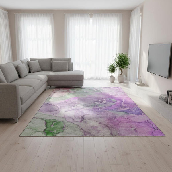 HomeRoots 10' X 14' Purple and Green Abstract Washable Area Rug with UV Protection for Modern Homes & Families 646500
