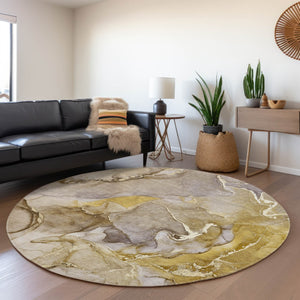HomeRoots 8' Washable Round Rug in Taupe and Gray – Modern Abstract Design with UV Protection for Every Space 646503