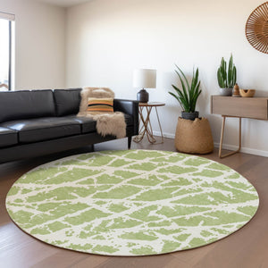 HomeRoots 8' Fern Green and Ivory Abstract Washable Round Area Rug with UV Protection for High-Traffic Homes 646509