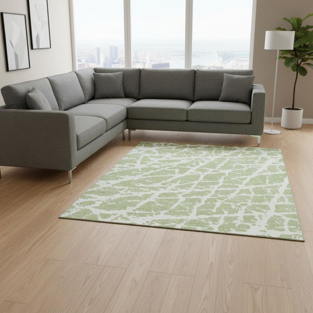 HomeRoots 9' X 12' Abstract Fern Green & Ivory Washable Area Rug with UV Protection for Stylish Living Spaces 646511