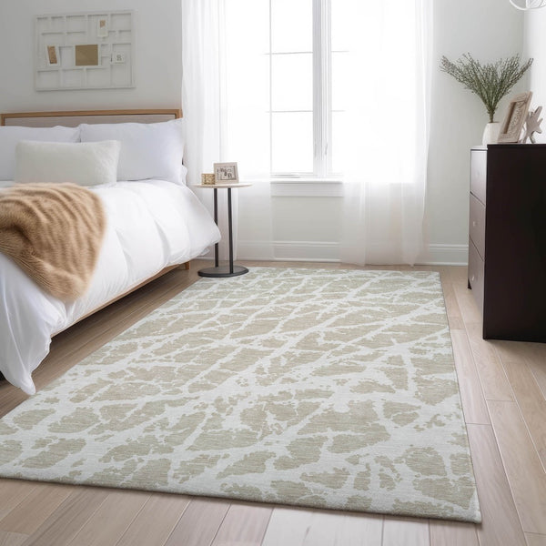 HomeRoots 8' X 10' Beige and Ivory Abstract Area Rug - Washable, UV Protected, Stylish for High-Traffic Spaces 646516
