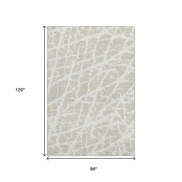 HomeRoots 8' X 10' Beige and Ivory Abstract Area Rug - Washable, UV Protected, Stylish for High-Traffic Spaces 646516