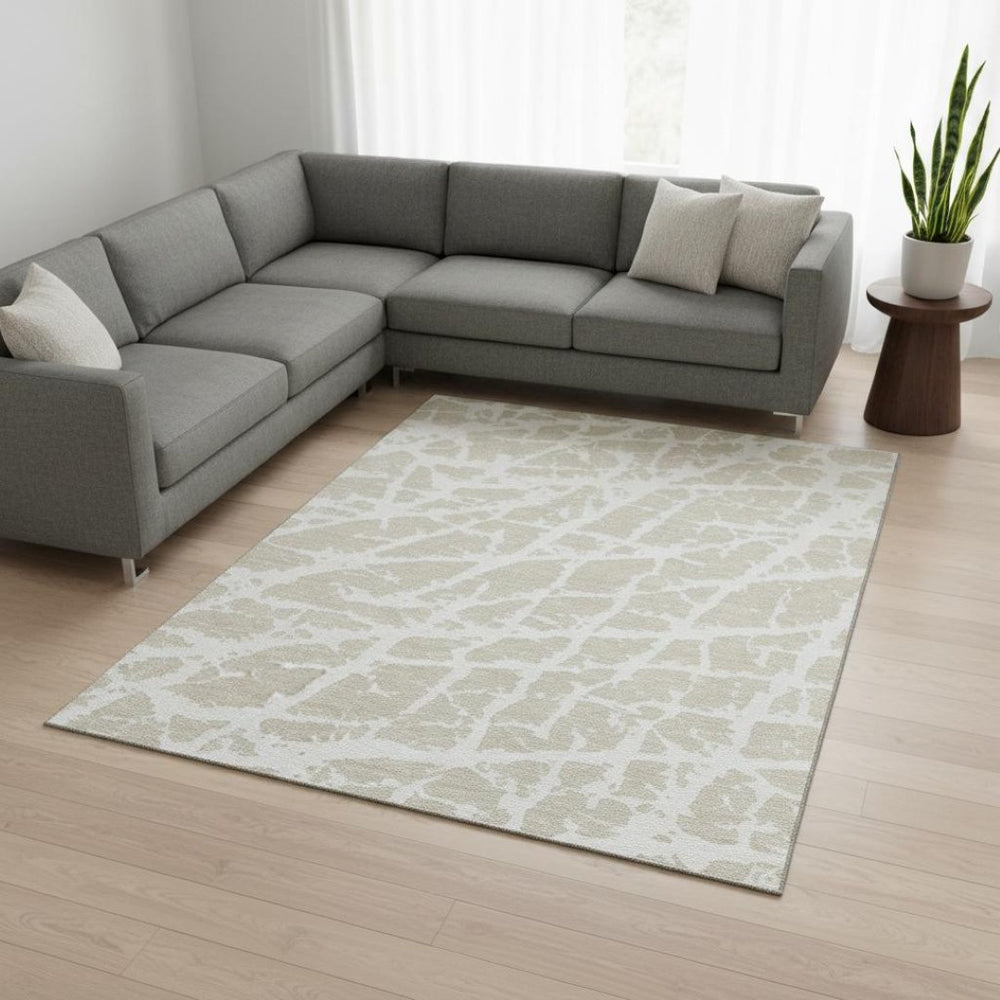 HomeRoots 9' X 12' Stylish Beige & Ivory Abstract Area Rug - Washable, UV Protected, Ideal for Homes with Kids & Pets 646517