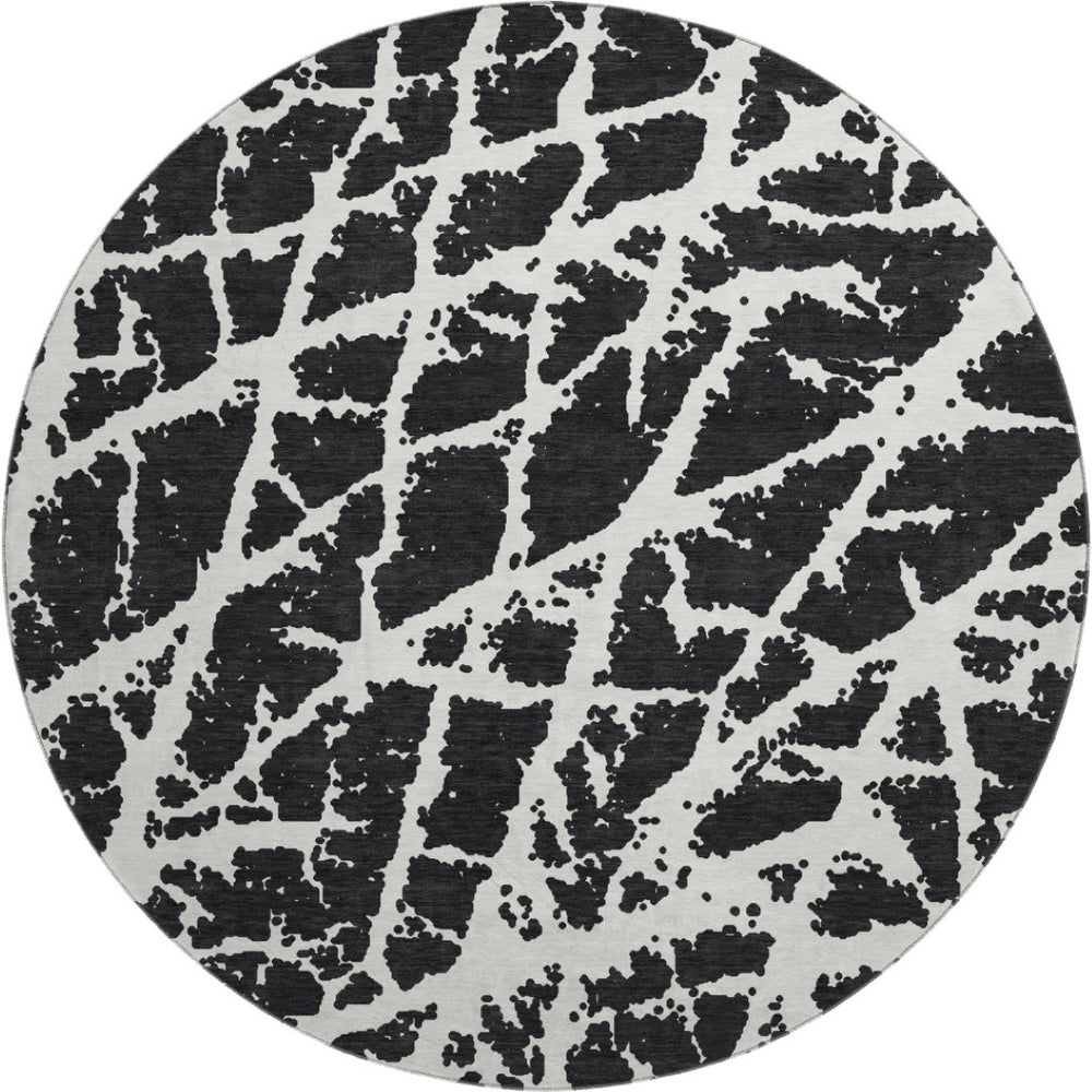 HomeRoots 8' Black And Ivory Abstract Washable Round Rug - Stylish, Durable & UV-Protected for Busy Homes! 646521