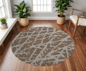 HomeRoots 8' Brown and Ivory Abstract Round Rug - Durable, Washable, UV-Protected for Modern Spaces 646527