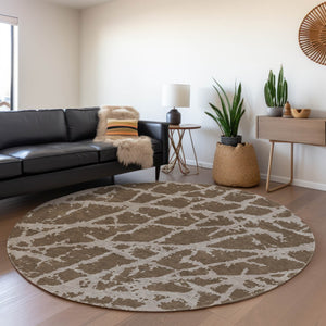 HomeRoots 8' Brown and Ivory Abstract Round Rug - Durable, Washable, UV-Protected for Modern Spaces 646527