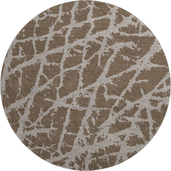 HomeRoots 8' Brown and Ivory Abstract Round Rug - Durable, Washable, UV-Protected for Modern Spaces 646527