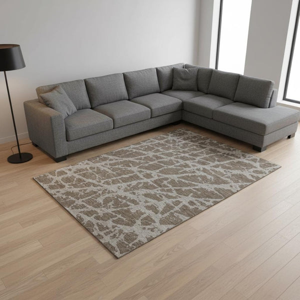 HomeRoots 9' X 12' Brown And Ivory Abstract Washable Area Rug - UV Protected, Stain Resistant, Durable Design 646529
