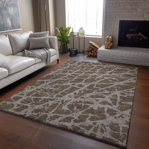 HomeRoots 9' X 12' Brown And Ivory Abstract Washable Area Rug - UV Protected, Stain Resistant, Durable Design 646529