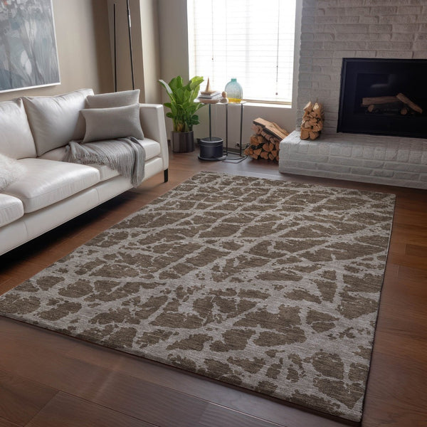 HomeRoots 9' X 12' Brown And Ivory Abstract Washable Area Rug - UV Protected, Stain Resistant, Durable Design 646529