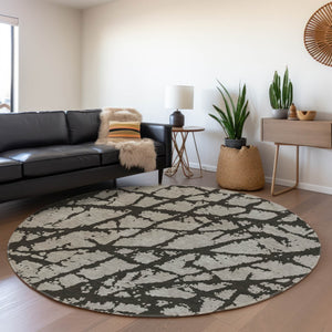 HomeRoots 8' Gray and Charcoal Abstract Washable Round Rug - UV Protected, Stain-Resistant, Modern Style Delight 646545