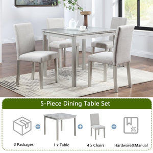 English Elm 5 Piece Wooden Dining Table Set - Elegant Square Table & 4 Upholstered Chairs In Silver Grey Finish W1998S00042