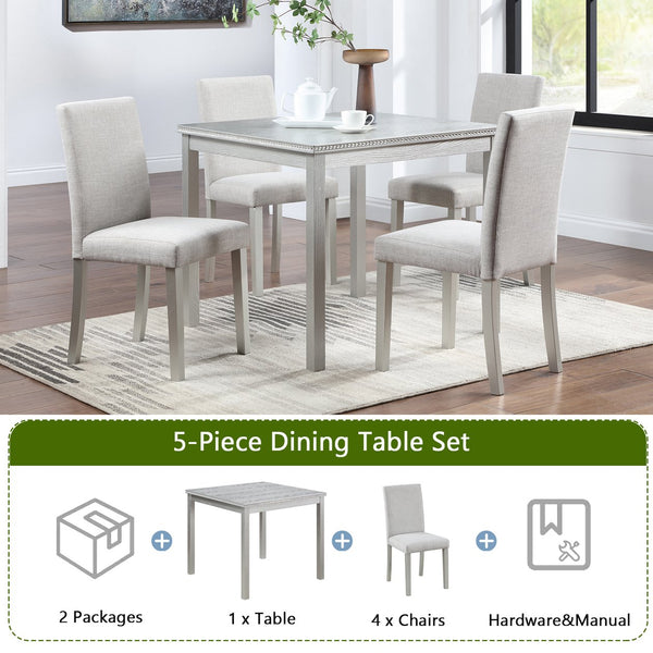English Elm 5 Piece Wooden Dining Table Set - Elegant Square Table & 4 Upholstered Chairs In Silver Grey Finish W1998S00042