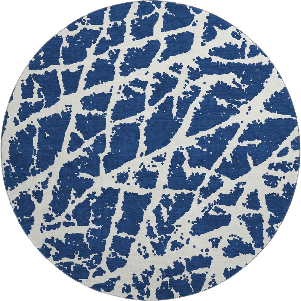 HomeRoots 8' Navy Blue & Ivory Abstract Washable Round Rug - UV Protected, Stain Resistant, Modern Decor Essential 646551