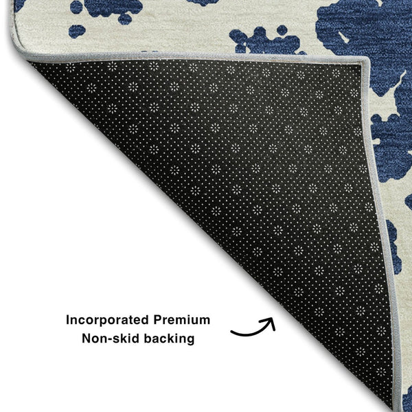 HomeRoots 8' Navy Blue & Ivory Abstract Washable Round Rug - UV Protected, Stain Resistant, Modern Decor Essential 646551