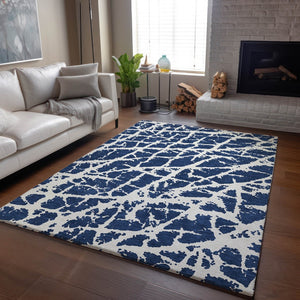 HomeRoots 8' X 10' Navy Blue & Ivory Abstract Area Rug - Washable, UV Protected, Stylish for High-Traffic Areas 646552