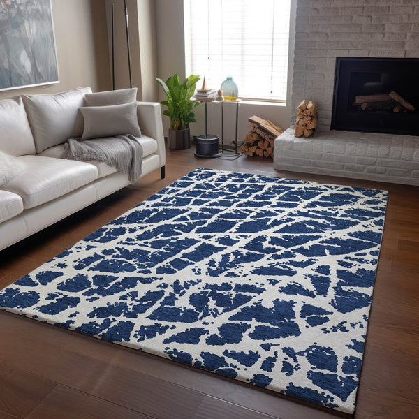 HomeRoots 8' X 10' Navy Blue & Ivory Abstract Area Rug - Washable, UV Protected, Stylish for High-Traffic Areas 646552