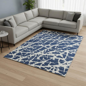HomeRoots 8' X 10' Navy Blue & Ivory Abstract Area Rug - Washable, UV Protected, Stylish for High-Traffic Areas 646552