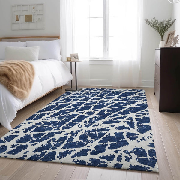 HomeRoots 9' X 12' Navy Blue Ivory Abstract Area Rug - Washable, UV Protected, Durable, and Stylish for Any Room 646553