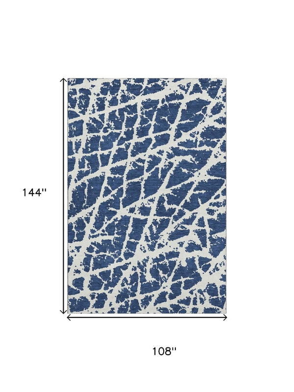 HomeRoots 9' X 12' Navy Blue Ivory Abstract Area Rug - Washable, UV Protected, Durable, and Stylish for Any Room 646553