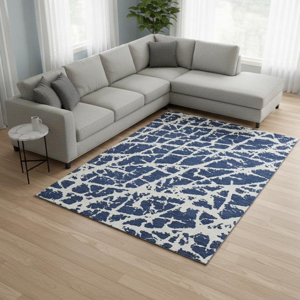 HomeRoots 10' X 14' Navy Blue Abstract Area Rug - Washable, UV Protected, Durable & Stylish for Modern Homes 646554