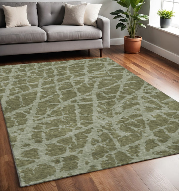 HomeRoots 5' X 8' Olive Green & Gray Abstract Area Rug - Durable, Washable, UV-Protected for Modern Spaces 646556