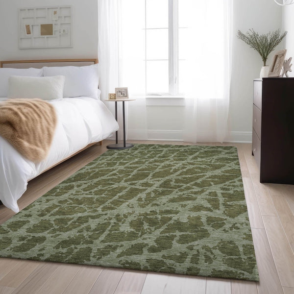 HomeRoots 5' X 8' Olive Green & Gray Abstract Area Rug - Durable, Washable, UV-Protected for Modern Spaces 646556
