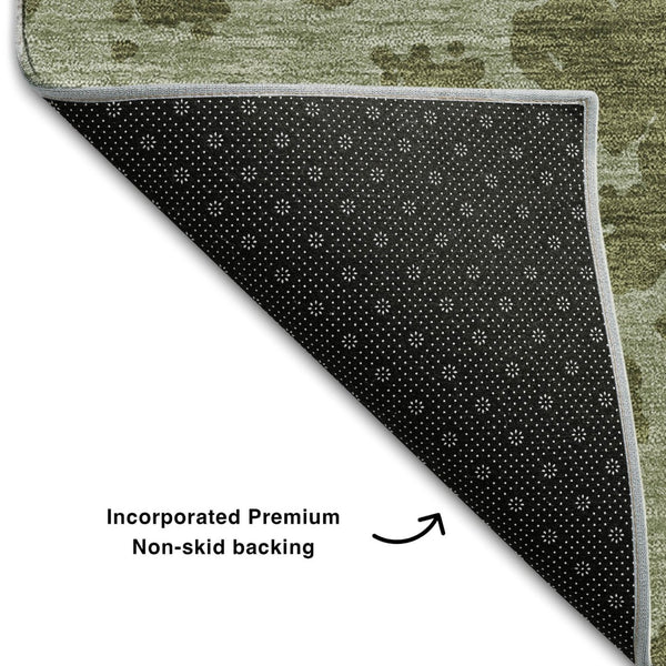 HomeRoots 5' X 8' Olive Green & Gray Abstract Area Rug - Durable, Washable, UV-Protected for Modern Spaces 646556