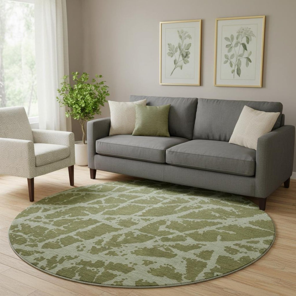 HomeRoots 8' Olive Green & Gray Abstract Washable Round Rug with UV Protection - Stylish, Durable, Family-Friendly! 646557