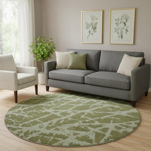 HomeRoots 8' Olive Green & Gray Abstract Washable Round Rug with UV Protection - Stylish, Durable, Family-Friendly! 646557