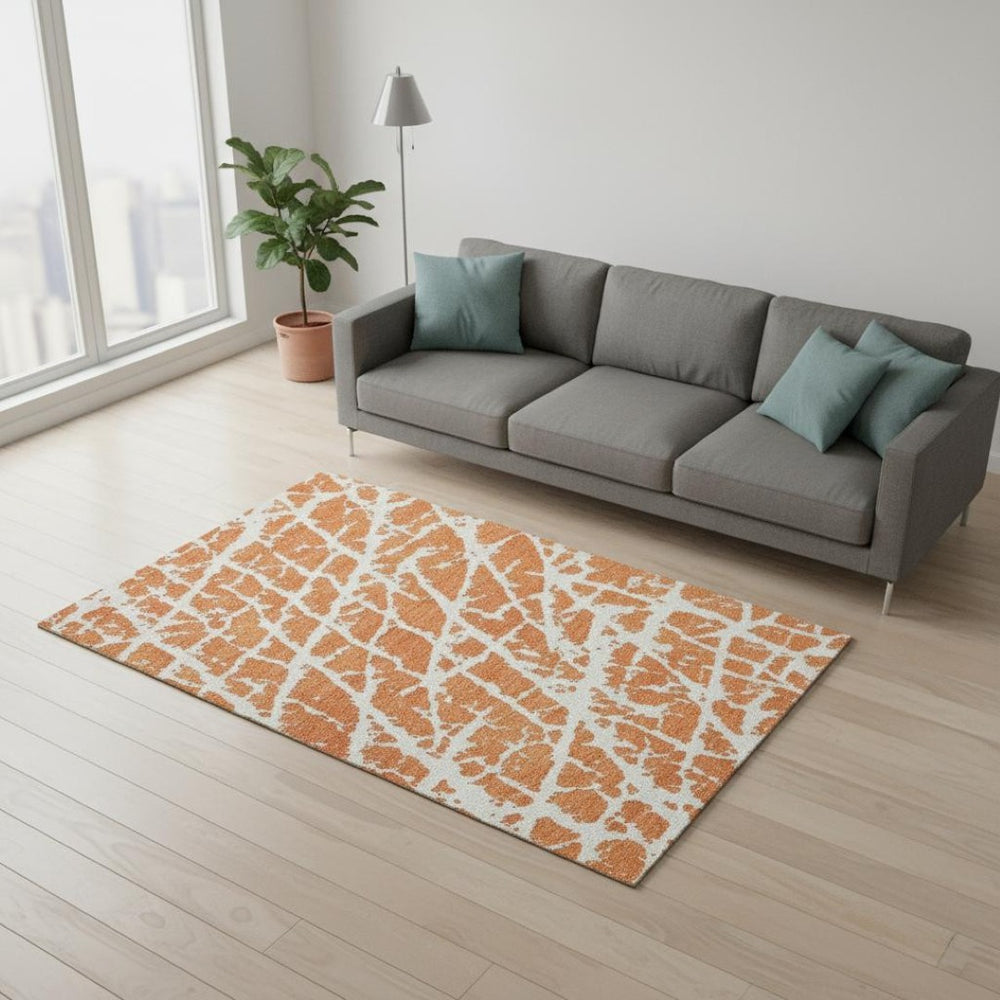HomeRoots 5' X 8' Orange and Ivory Abstract Area Rug - Washable, UV Protected, Stain Resistant for Stylish Homes 646562