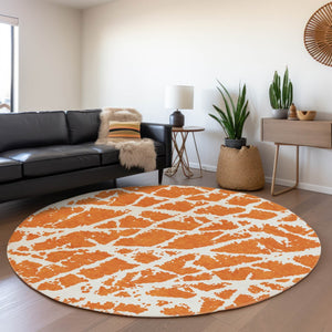 HomeRoots 8' Eye-Catching Orange and Ivory Abstract Washable Round Rug with UV Protection for Durable Living 646563