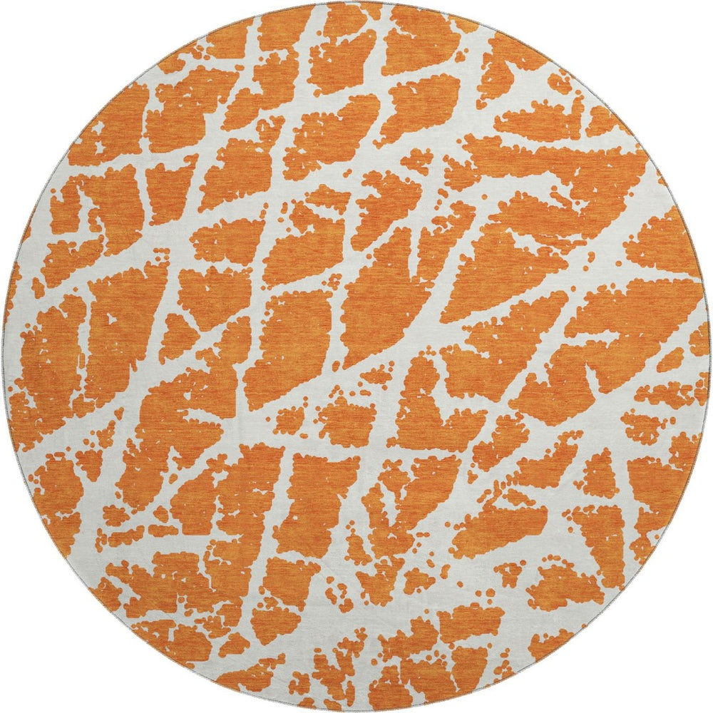 HomeRoots 8' Eye-Catching Orange and Ivory Abstract Washable Round Rug with UV Protection for Durable Living 646563