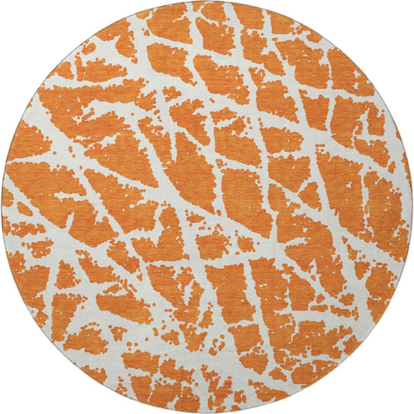 HomeRoots 8' Eye-Catching Orange and Ivory Abstract Washable Round Rug with UV Protection for Durable Living 646563