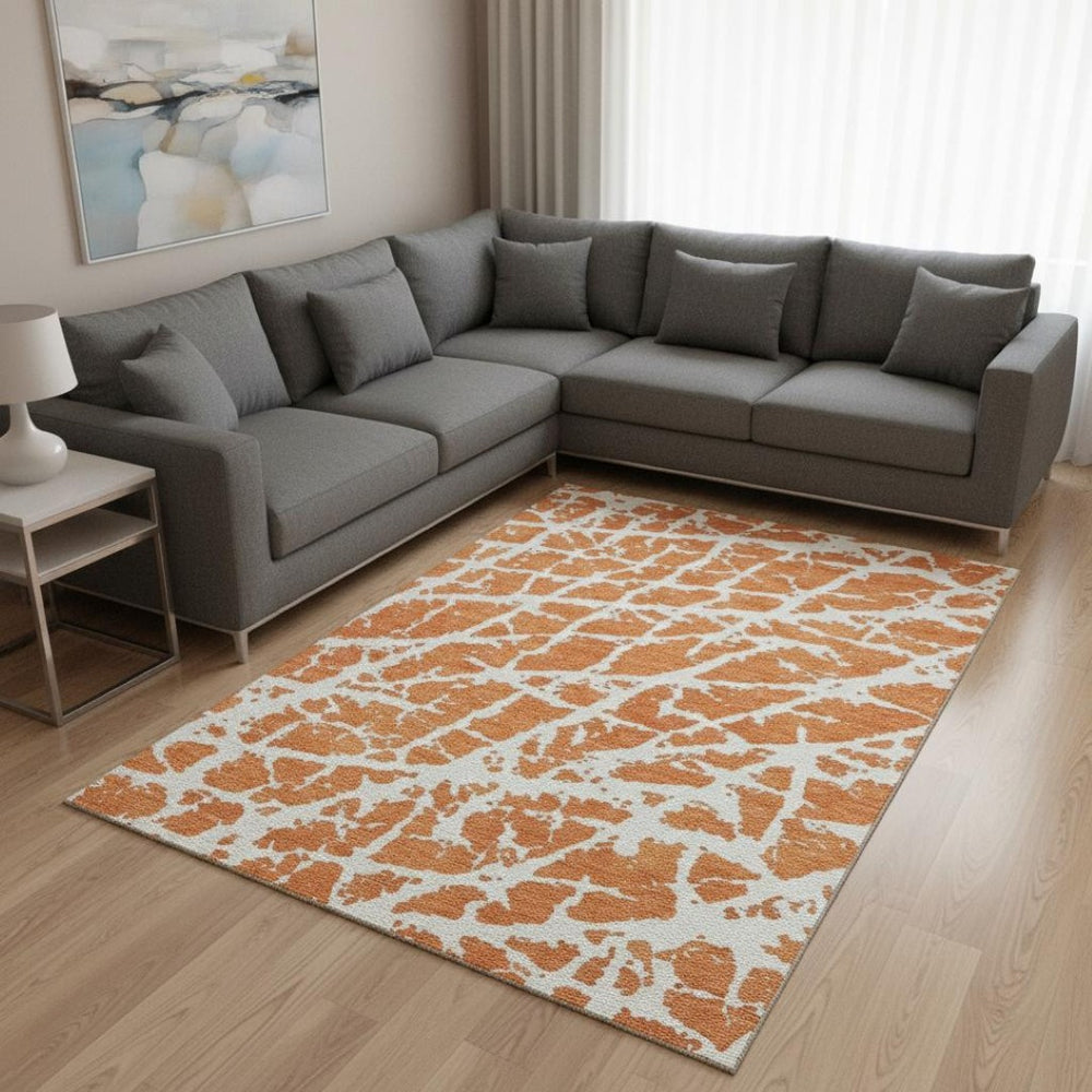 HomeRoots 8' X 10' Vibrant Orange and Ivory Abstract Washable Area Rug with UV Protection for Busy Homes 646564